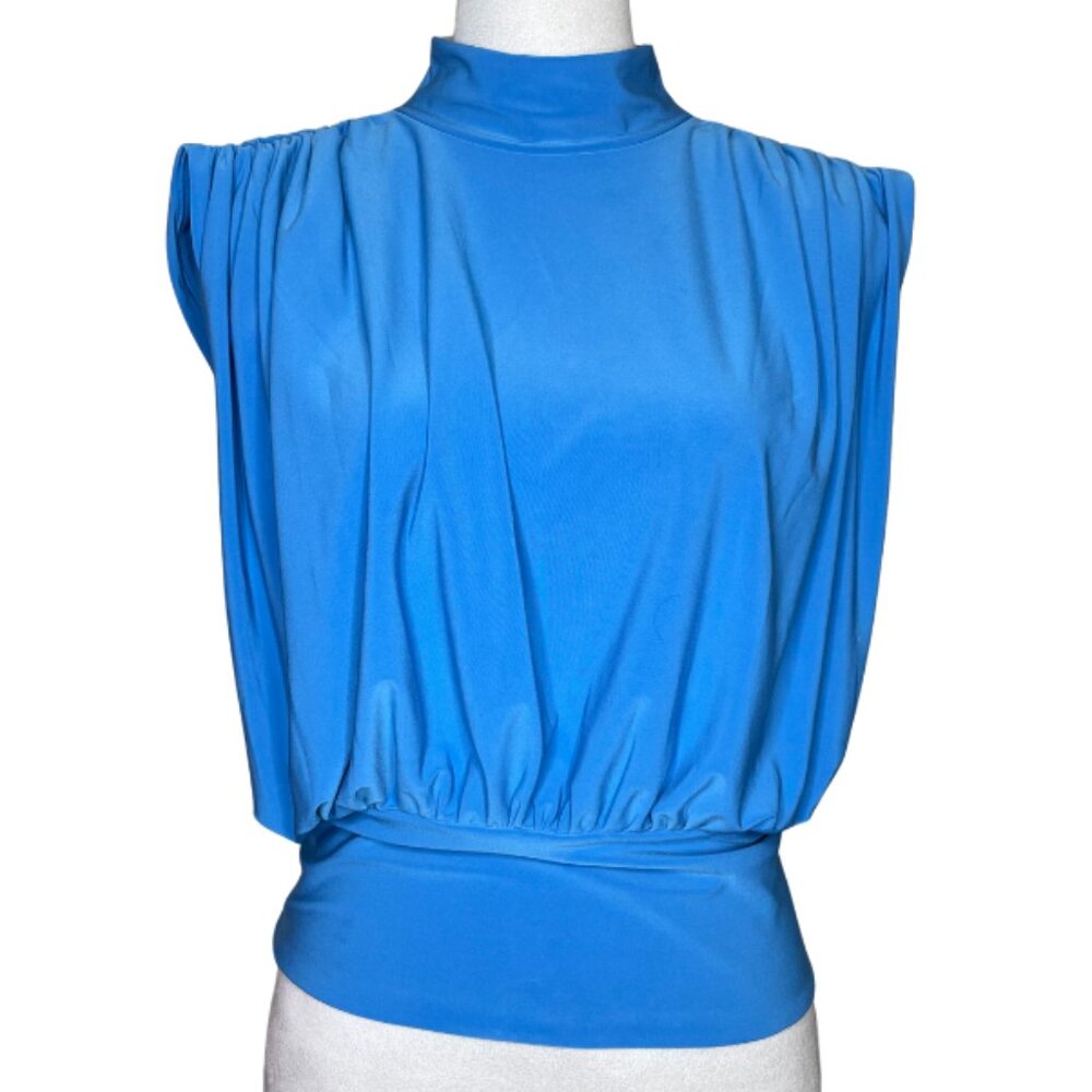 Express Deep Sky Blue Maeve Cap Sleeve Mock-Neck Pleated Top Blouse Sz Large